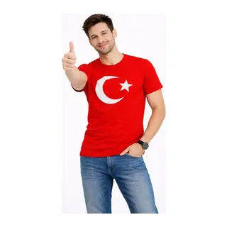 Erkek T-Shirt Kısa Kol Bisiklet Yaka Ay Yıldız Bayrak Baskılı Tişört - Kırmızı