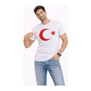 Erkek T-Shirt Kısa Kol Bisiklet Yaka Ay Yıldız Bayrak Baskılı Tişört - Beyaz