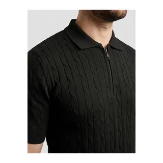 Erkek Yazlık Triko Saç Örgü Tişört Kısa Kol Polo Yaka Fermuarlı T-Shirt - Siyah