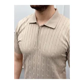 Erkek Yazlık Triko Saç Örgü Tişört Kısa Kol Polo Yaka Fermuarlı T-Shirt - Bej