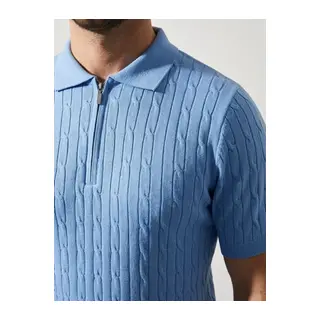 Erkek Yazlık Triko Saç Örgü Tişört Kısa Kol Polo Yaka Fermuarlı T-Shirt - Bebe Mavisi