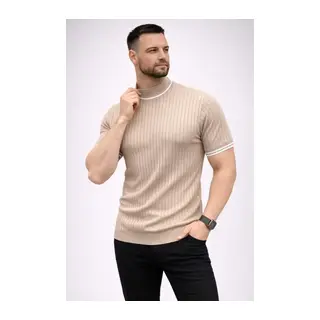 Erkek Fitilli Triko Dokuma Kısa Kol Tişört Yarım Boğaz Modern Yazlık T-Shirt - Bej