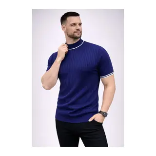 Erkek Fitilli Triko Dokuma Kısa Kol Tişört Yarım Boğaz Modern Yazlık T-Shirt - Lacivert