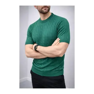 Erkek Yazlık Triko Dokuma Tişört Kısa Kol Bisiklet Yaka Örgü Desenli T-Shirt - Haki