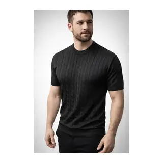 Erkek Yazlık Triko Dokuma Tişört Kısa Kol Bisiklet Yaka Örgü Desenli T-Shirt - Siyah