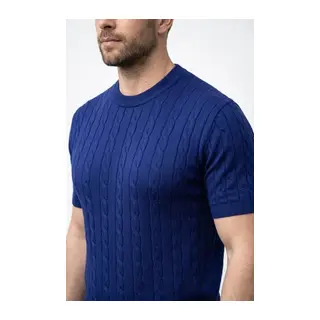 Erkek Yazlık Triko Dokuma Tişört Kısa Kol Bisiklet Yaka Örgü Desenli T-Shirt - Lacivert