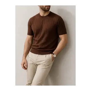 Erkek Yazlık Triko Dokuma Tişört Kısa Kol Bisiklet Yaka Örgü Desenli T-Shirt - Kahverengi