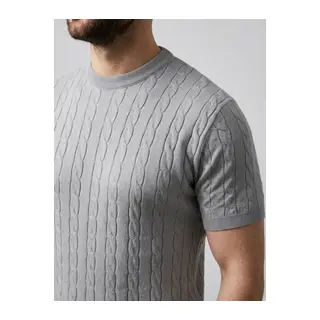 Erkek Yazlık Triko Dokuma Tişört Kısa Kol Bisiklet Yaka Örgü Desenli T-Shirt - Gri