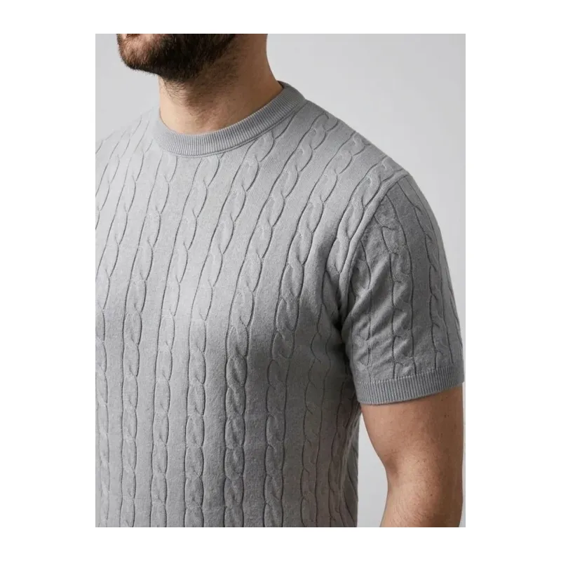 Erkek Yazlık Triko Dokuma Tişört Kısa Kol Bisiklet Yaka Örgü Desenli T-Shirt - Gri