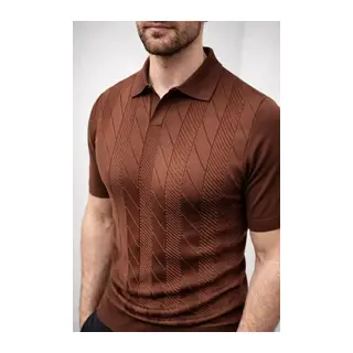 Erkek Yazlık Triko Dokuma Tişört Kısa Kol Polo Yaka T-Shirt - Kahverengi