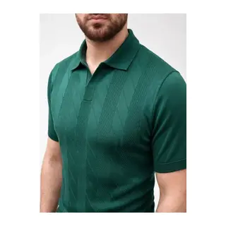 Erkek Yazlık Triko Dokuma Tişört Kısa Kol Polo Yaka T-Shirt - Koyu Yeşil