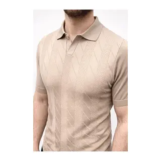 Erkek Yazlık Triko Dokuma Tişört Kısa Kol Polo Yaka T-Shirt - Bej