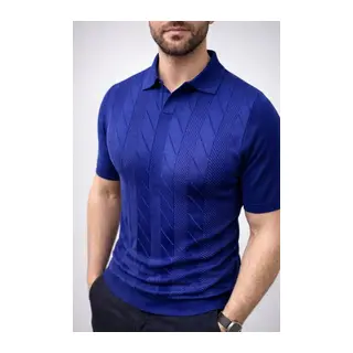 Erkek Yazlık Triko Dokuma Tişört Kısa Kol Polo Yaka T-Shirt - Lacivert