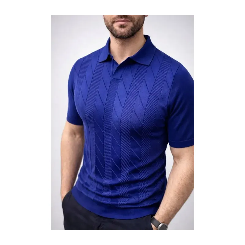 Erkek Yazlık Triko Dokuma Tişört Kısa Kol Polo Yaka T-Shirt - Lacivert
