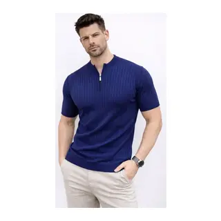 Erkek Kısa Kol Fitilli Triko T-Shirt Yazlık Hakim Yaka Tişört - Lacivert