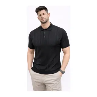 Erkek Yazlık Triko Tişört Kısa Kol Polo Yaka Düğmeli T-Shirt - Siyah