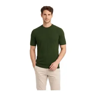 Erkek Yazlık Fitilli Triko Tişört Kısa Kol Bisiklet Yaka T-Shirt - Haki