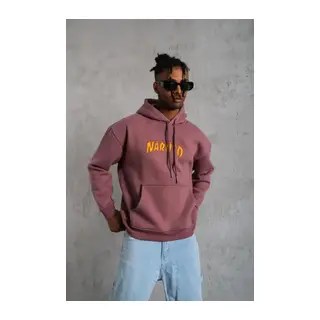 Erkek 3 İplik Pamuklu Kapüşonlu Baskılı Cepli Oversize Sweatshirt Hoodie - Gül Kurusu