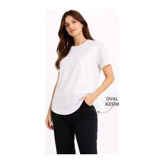 Basic T-Shirt Kısa Kol Bisiklet Yaka Oval Kesim Tişört - Beyaz