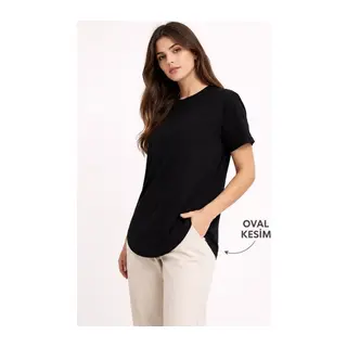 Basic T-Shirt Kısa Kol Bisiklet Yaka Oval Kesim Tişört - Siyah