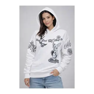 3 İplik Pamuklu Kapüşonlu Baskılı SweatShirt Hoodie - Beyaz