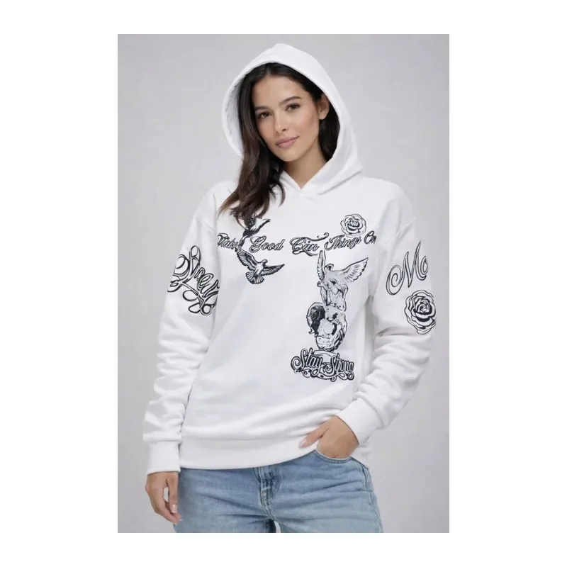 3 İplik Pamuklu Kapüşonlu Baskılı SweatShirt Hoodie - Beyaz