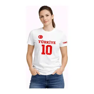 TÜRKİYE Ay Yıldız Baskılı 10 Numara Forma Tişört Taraftar T-Shirt - Beyaz