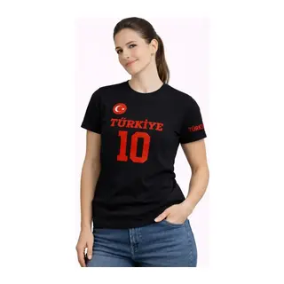 TÜRKİYE Ay Yıldız Baskılı 10 Numara Forma Tişört Taraftar T-Shirt - Siyah