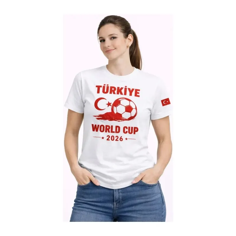 Türkiye World Cup 2026 Baskılı Tişört Futbol Temalı Forma T-Shirt - Beyaz