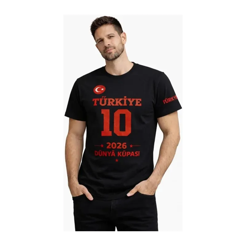 Erkek TÜRKİYE Baskılı Tişört 2026 Dünya Kupası Taraftar Forma T-Shirt - Siyah