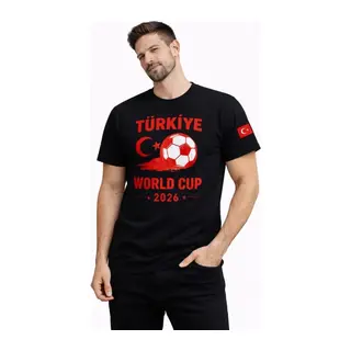 Erkek Türkiye World Cup 2026 Baskılı Tişört Futbol Temalı Forma T-Shirt - Siyah