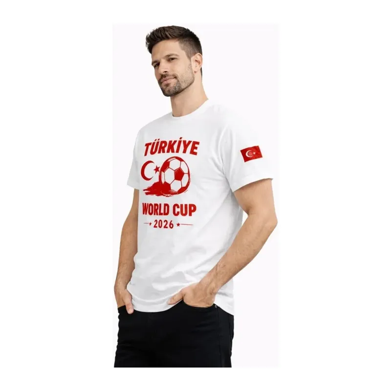 Erkek Türkiye World Cup 2026 Baskılı Tişört Futbol Temalı Forma T-Shirt - Beyaz