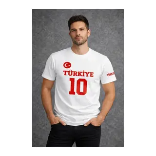Erkek TÜRKİYE Ay Yıldız Baskılı 10 Numara Forma Tişört Taraftar T-Shirt - Beyaz