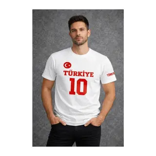 Erkek TÜRKİYE Ay Yıldız Baskılı 10 Numara Forma Tişört Taraftar T-Shirt - Beyaz