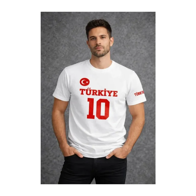 Erkek TÜRKİYE Ay Yıldız Baskılı 10 Numara Forma Tişört Taraftar T-Shirt - Beyaz