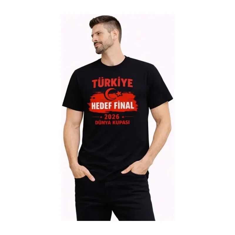 Erkek TÜRKİYE Baskılı Tişört Ay Yıldız 2026 Dünya Kupası Taraftar Forma T-Shirt - Siyah