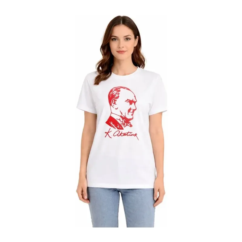 Atatürk Baskılı Tişört Kısa Kollu Bisiklet Yaka T-Shirt - Beyaz