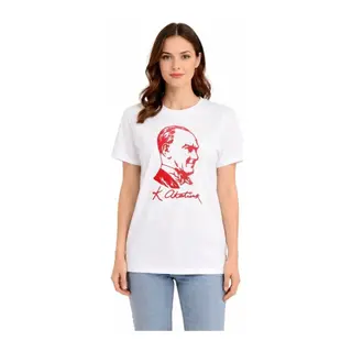Atatürk Baskılı Tişört Kısa Kollu Bisiklet Yaka T-Shirt - Beyaz