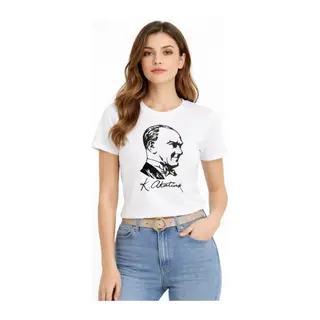 Atatürk Baskılı Tişört Kısa Kollu Bisiklet Yaka T-Shirt - Beyaz
