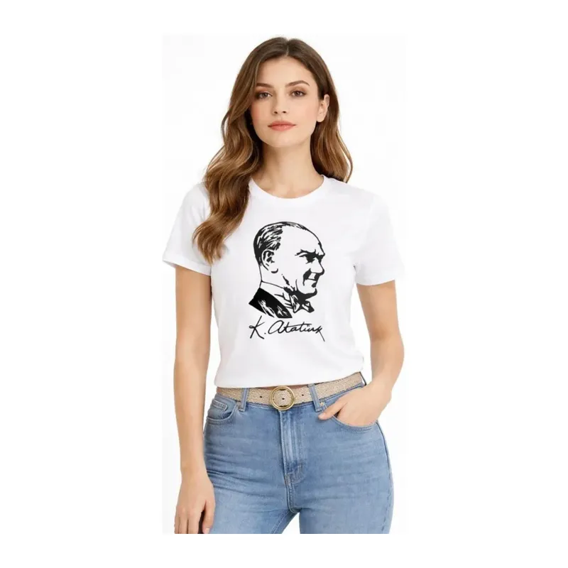 Atatürk Baskılı Tişört Kısa Kollu Bisiklet Yaka T-Shirt - Beyaz