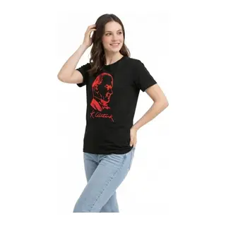 Atatürk Baskılı Tişört Kısa Kollu Bisiklet Yaka T-Shirt - Siyah