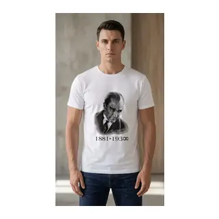 Erkek Atatürk Baskılı Tişört Kısa Kollu Bisiklet Yaka T-Shirt - Beyaz