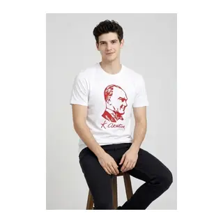 Erkek Atatürk Baskılı Tişört Kısa Kollu Bisiklet Yaka T-Shirt - Beyaz