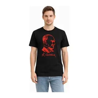 Erkek Atatürk Baskılı Tişört Kısa Kollu Bisiklet Yaka T-Shirt - Siyah
