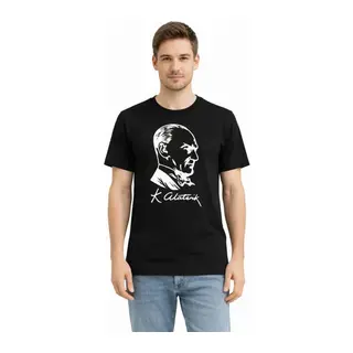 Erkek Atatürk Baskılı Tişört Kısa Kollu Bisiklet Yaka T-Shirt - Siyah