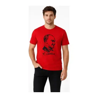 Erkek Atatürk Baskılı Tişört Kısa Kollu Bisiklet Yaka T-Shirt - Kırmızı