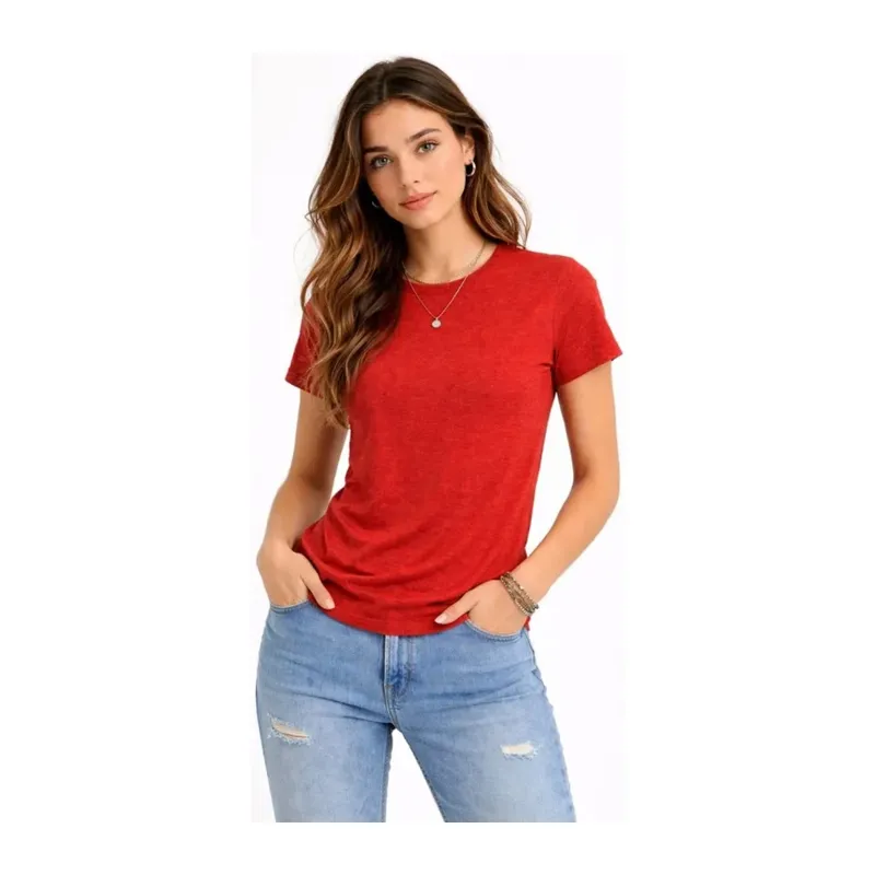 Flam Kumaş Melanj Dokulu Regular Fit Tişört Bisiklet Yaka Yazlık T-Shirt - Kiremit