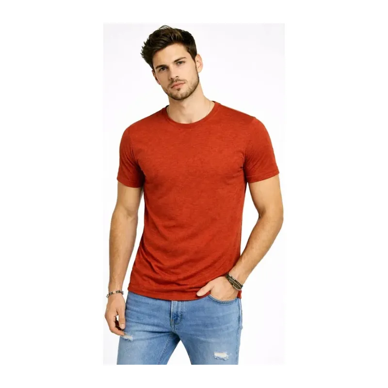 Erkek Flam Kumaş Melanj Dokulu Regular Fit Tişört Bisiklet Yaka Yazlık T-Shirt - Kiremit