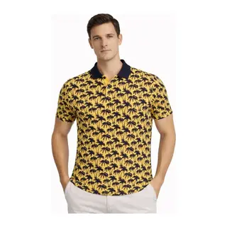 Erkek Pike Kumaş Polo Yaka Palmiye Desenli Tişört Kısa Kol Yazlık T-Shirt - Sarı