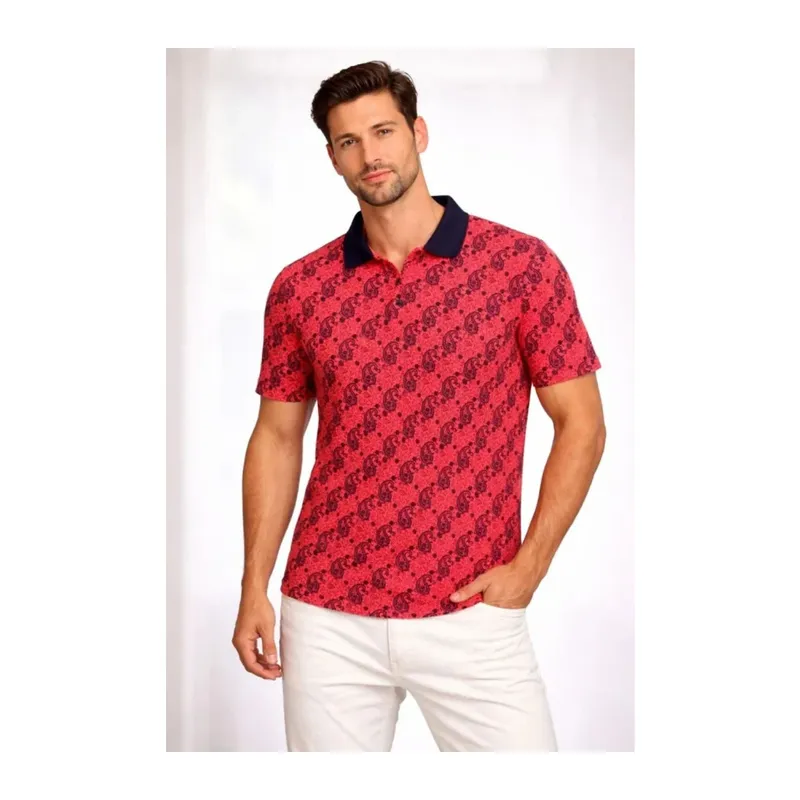 Erkek Pike Kumaş Polo Yaka Palmiye Desenli Tişört Kısa Kol Yazlık T-Shirt - Kırmızı